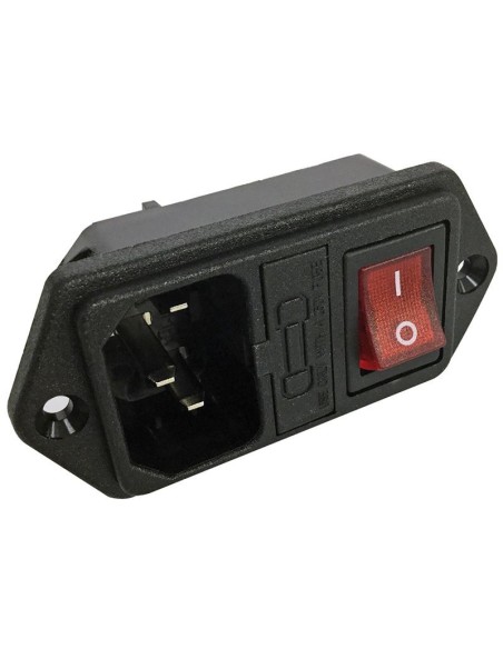 Three-pole VDE C14 power plug for panel mounting with 5x20mm fuse holder and illuminated rocker switch