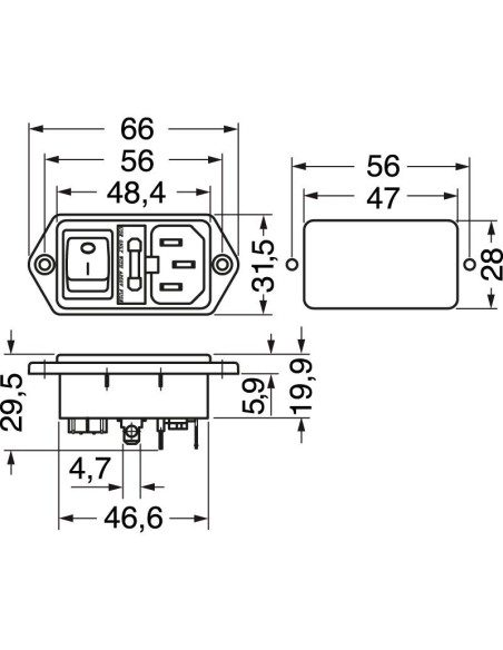 Three-pole VDE C14 power plug for panel mounting with 5x20mm fuse holder and illuminated rocker switch