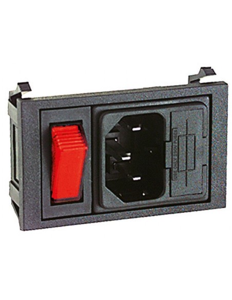 Dreipoliger VDE C14-Netzstecker für Schalttafeleinbau mit 5x20mm-Sicherungshalter und beleuchtetem Wippschalter