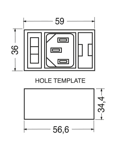 Dreipoliger VDE C14-Netzstecker für Schalttafeleinbau mit 5x20mm-Sicherungshalter und beleuchtetem Wippschalter