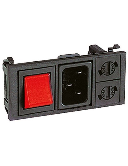 Enchufe tripolar VDE C14 para montaje en panel con doble portafusibles de 5x20 mm e interruptor basculante luminoso de dos polos