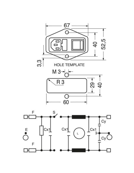 Enchufe de alimentación de panel VDE C14 tripolar con filtro EMI/EMC, portafusibles de 5x20 mm e interruptor basculante bipolar