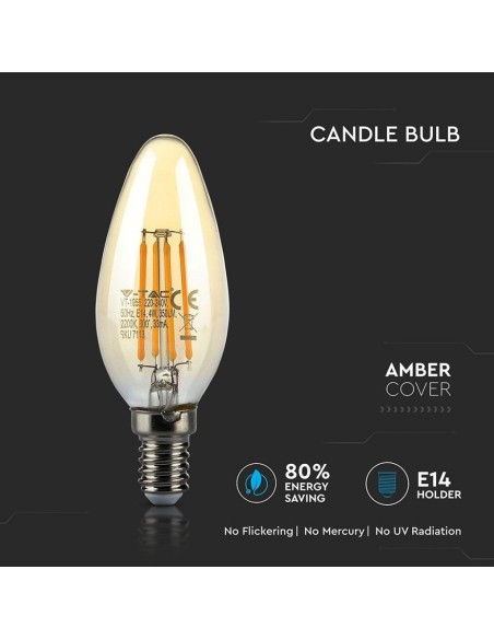V-TAC VT-1955 7113 LED Bulb E14 4W Candle Filament Amber 2200K