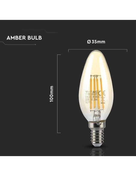 V-TAC VT-1955 7113 LED Bulb E14 4W Candle Filament Amber 2200K