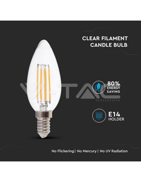 V-TAC VT-1986D 4365 LED-lamp E14 4W filament kaars 2700K dimbaar