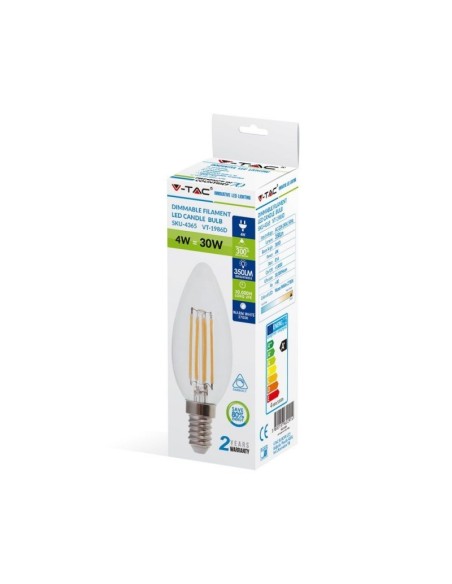 V-TAC VT-1986D 4365 LED-lamp E14 4W filament kaars 2700K dimbaar