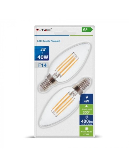 V-TAC VT-2174 7365 Blister of 2 LED Bulbs E14 4W Filament Candle 2700K