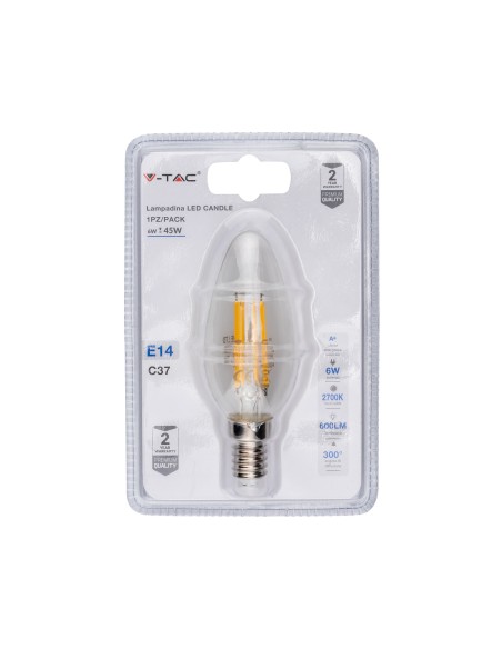 V-TAC VT-2127 2824 LED Blisterlamp E14 6W Gloeidraadkaars 3000K
