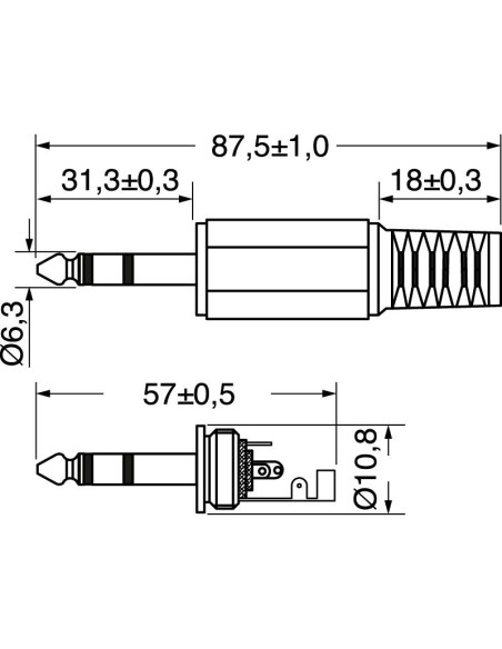 Professional 6.3 mm 3-pin jack plug with cable guide