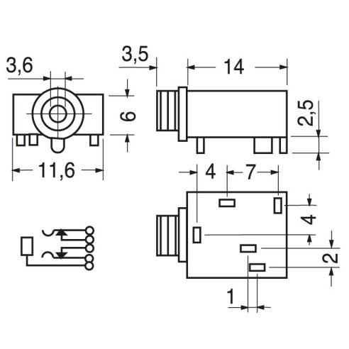 3,5 mm 3-polige Klinkenbuchse mit...