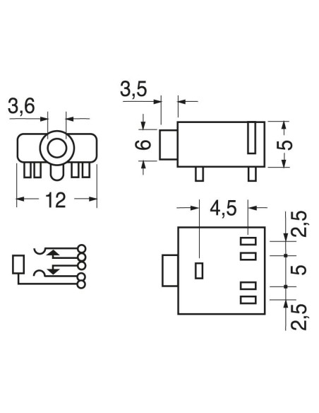 3.5mm 3-pin jack socket with double switch for printed circuit board