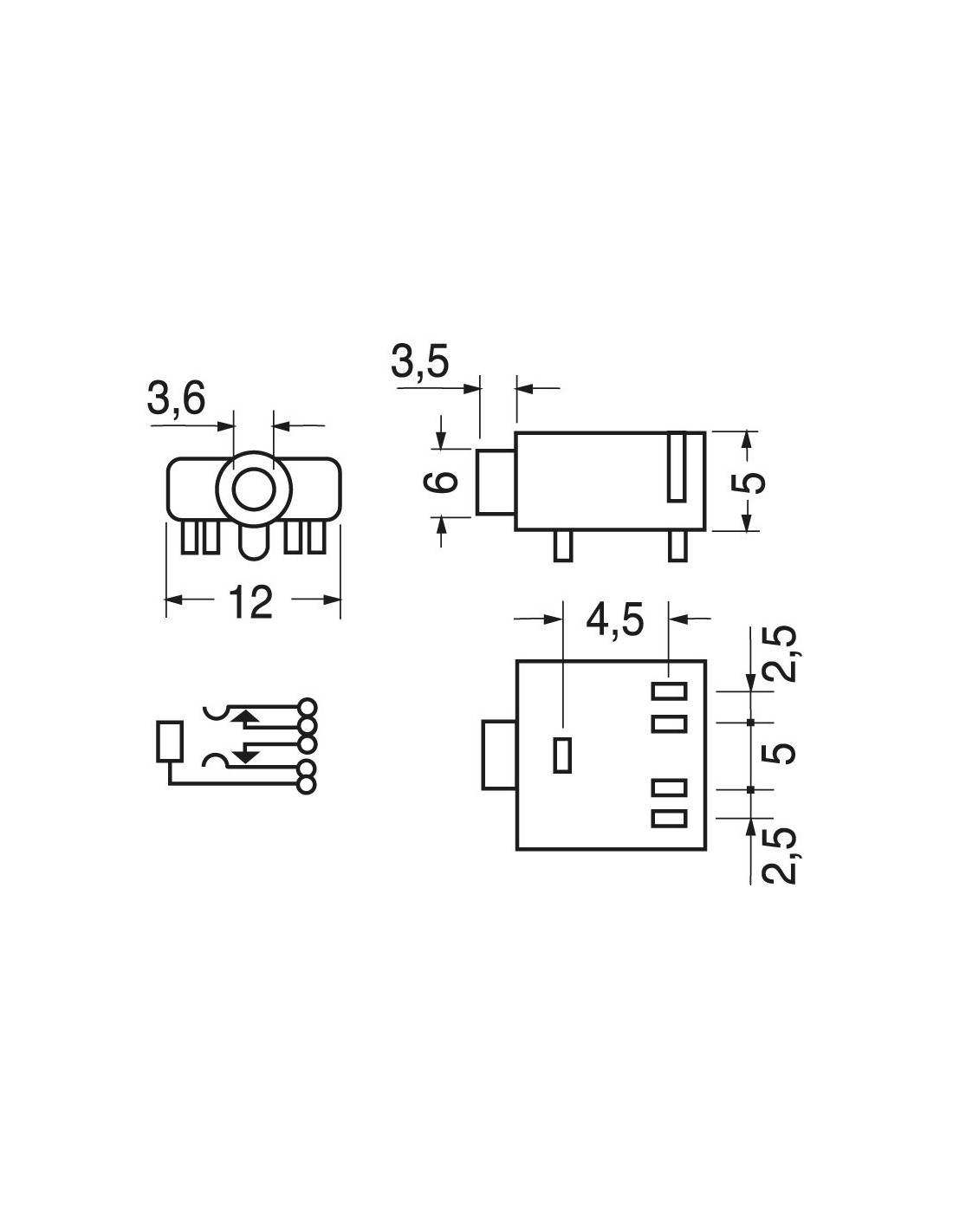 Prise jack 3,5 mm à 3 broches avec double interrupteur pour circuit imprimé