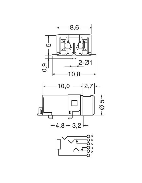 4-polige 2,5mm SMD-Klinkenbuchse mit Doppelschalter