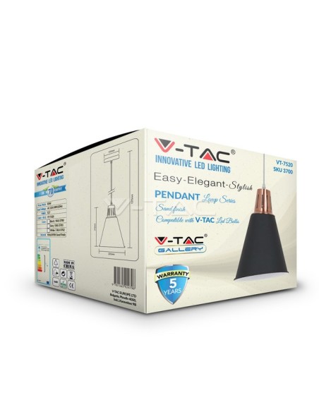 V-TAC VT-7520-B 3700 Modern LED Satin Metal Chandelier with E27 Lampholder (Max 60W) Matte Black Colour with Copper Shank