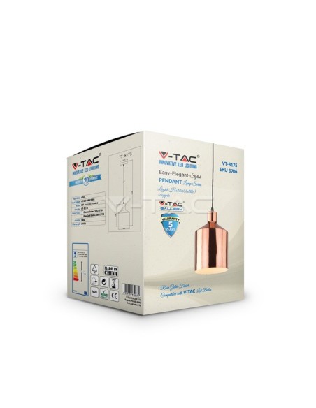 V-TAC VT-8175-CO 3706 LED Cilinderkroonluchter Metaal met E27 Lamphouder (Max 60W) Rose Goud Spiegel Kleur