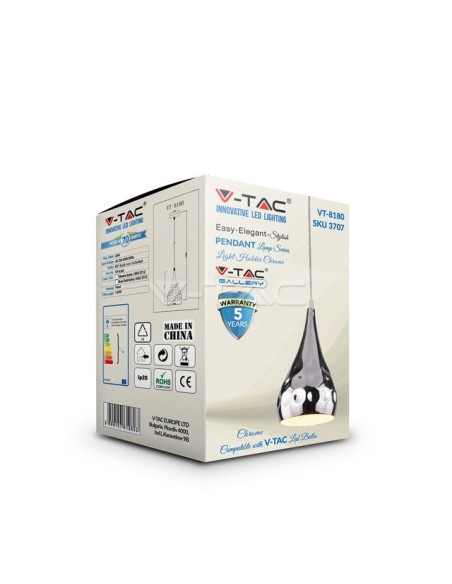 V-TAC VT-8180-CH 3707 LED Metall Teardrop Kronleuchter mit E27 Fassung (Max 60W) Chrom Spiegel Farbe