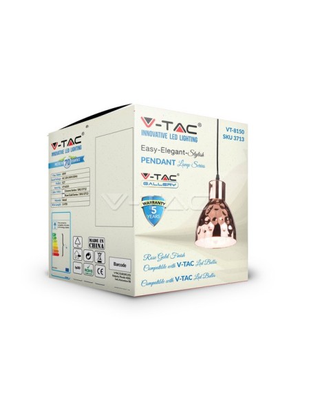 V-TAC VT-8150-CO 3713 LED Metal Cone Light Fixture with E27 Lampholder (Max 60W) Colour Rose Gold Mirror d : 150mm