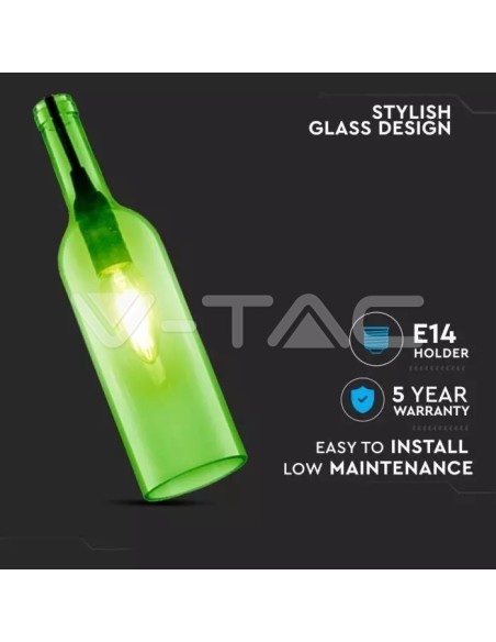 V-TAC VT-7558-GN 3767 Lampadario LED a Bottiglia in Vetro con Portalampada E14 (Max 60W) Colore Verde