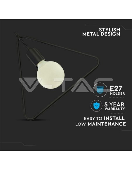 V-TAC VT-7321-MB 3838 Luminaire métallique triangulaire à LED avec douille E27 (Max 60W) Couleur noir mat