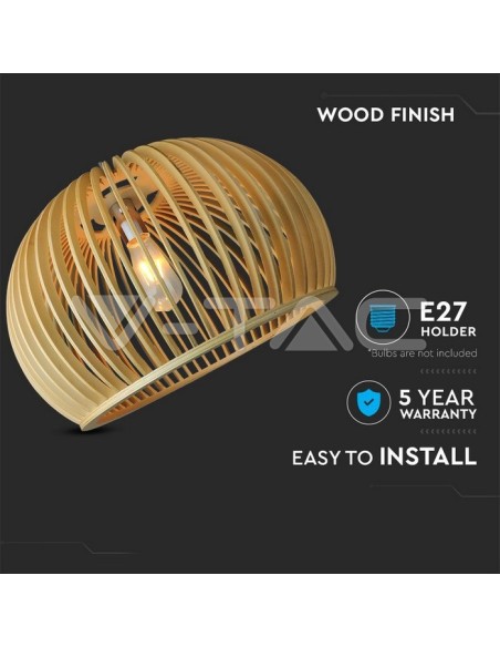 V-TAC VT-4280 40541 LED Houten Hanglampluchter met E27 fitting (Max 60W) Ronde lampenkap d: 440*280mm 1mt Kabel