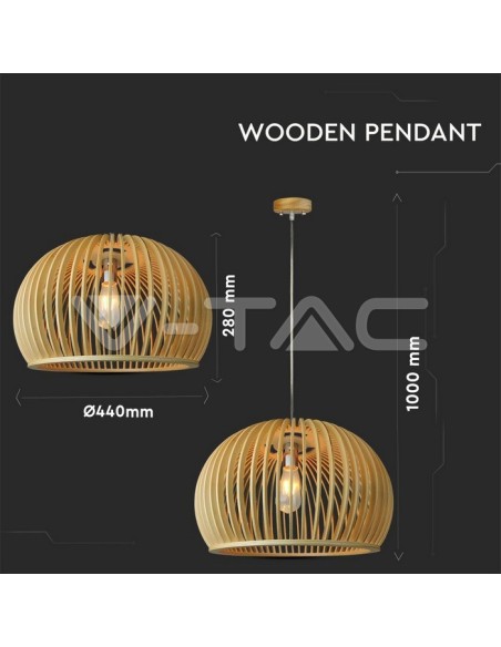V-TAC VT-4280 40541 LED Luminaire à suspension en bois avec douille E27 (Max 60W) Abat-jour rond d : 440*280mm 1mt Câble