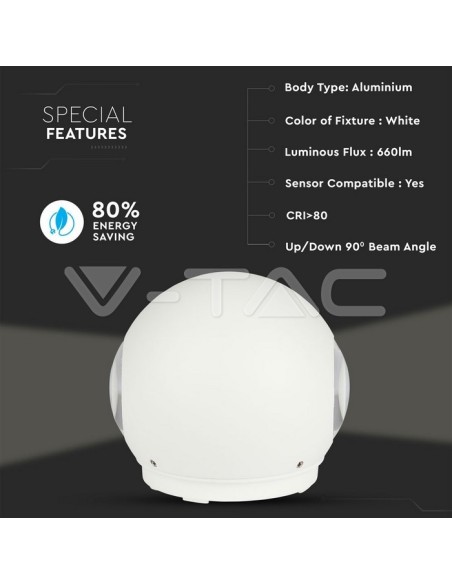 V-TAC VT-836 8306 Lampada LED da Muro Sferica 6W Doppio Fascio Luminoso Colore Grigio 4000K IP65