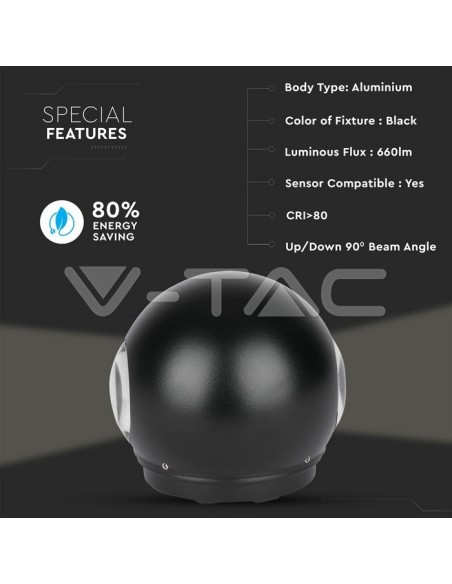 V-TAC VT-836 8303 LED Sferische Wandlamp 6W Dual Light Beam Zwart Kleur 3000K IP65
