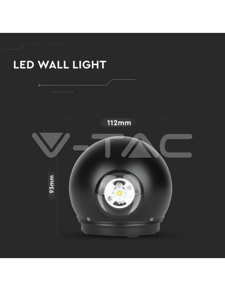 V-TAC VT-836 8303 Lampada LED da Muro Sferica 6W Doppio Fascio Luminoso Colore Nero 3000K IP65