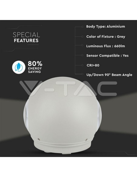 V-TAC VT-836 8302 Lampada LED da Muro Sferica 6W Doppio Fascio Luminoso Colore Bianco 4000K IP65