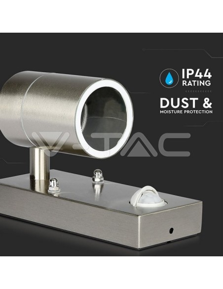 V-TAC VT-7621PIR 7502 Portafaretto LED da Muro GU10 (Max 35W) con Sensore PIR Colore Metallico IP44