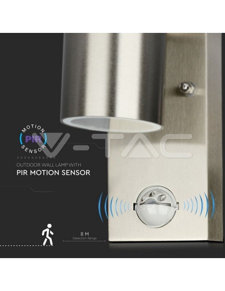 V-TAC VT-7621PIR 7502 Lámpara LED de pared GU10 (máx. 35W) con sensor PIR Color Metal IP44