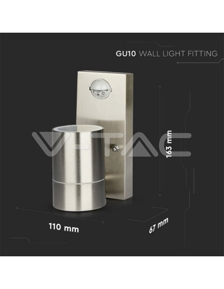 V-TAC VT-7621PIR 7502 Portafaretto LED da Muro GU10 (Max 35W) con Sensore PIR Colore Metallico IP44