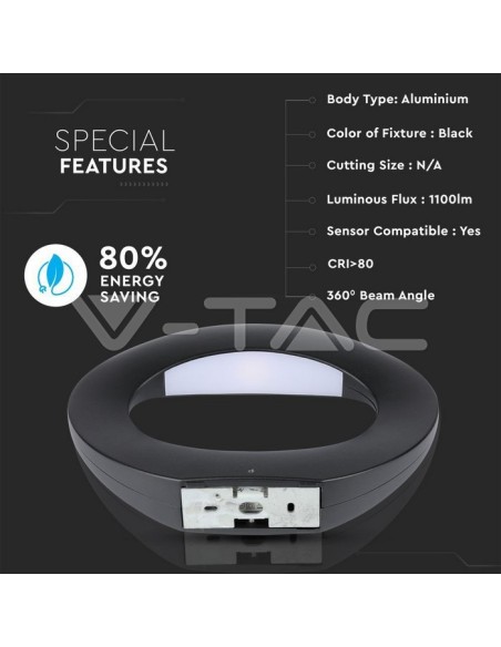 V-TAC VT-811 8309 Lampada LED da Muro Arrotondata 10W Colore Nero 3000K IP20