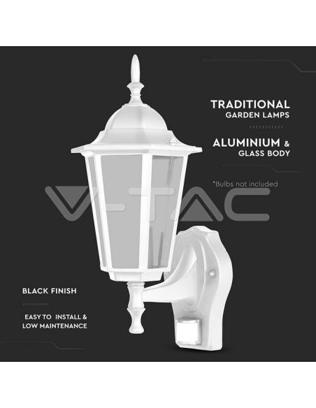 V-TAC VT-751 7071 LED Lantern Wall Light with E27 Lampholder (Max 60W) with Motion Sensor White IP44