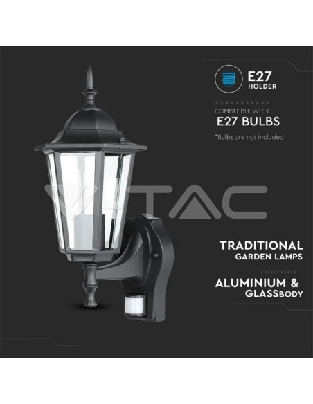 V-TAC VT-751 7070 Lámpara LED de pared con portalámparas E27 (máx. 60W) con sensor de movimiento Color negro IP44