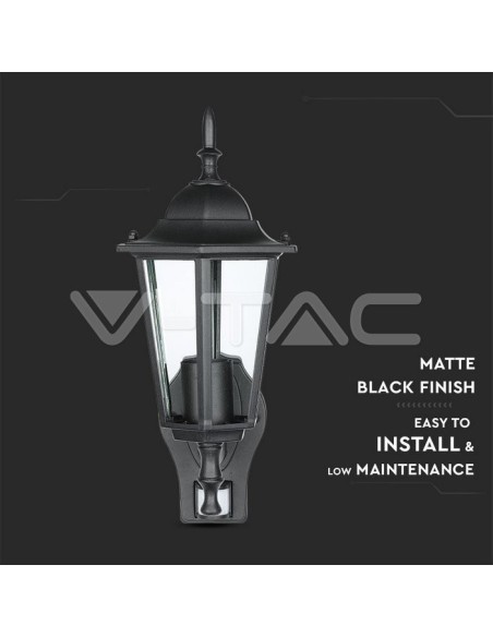 V-TAC VT-751 7070 Lampada LED da Muro a Lanterna con Portalampada E27 (Max 60W) con Sensore di Movimento Colore Nero IP44