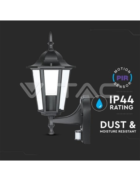 V-TAC VT-751 7070 LED-Laterne Wandlampe mit E27-Fassung (Max 60W) mit Bewegungssensor Schwarz Farbe IP44