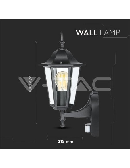 V-TAC VT-751 7070 LED-Laterne Wandlampe mit E27-Fassung (Max 60W) mit Bewegungssensor Schwarz Farbe IP44