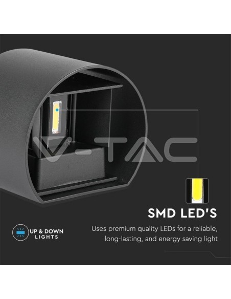 V-TAC VT-756 7081 Applique murale arrondie à double LED COB 6W noir satiné couleur réglable faisceau lumineux 3000K IP65