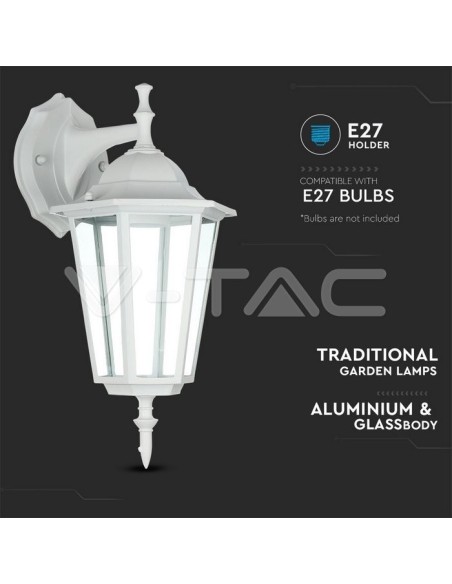 V-TAC VT-750 7069 LED Lantern Wall Lamp with E27 Lampholder (Max 60W) Downward Lampholder White IP44