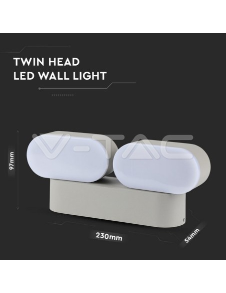 V-TAC VT-814 8294 12W Ovale LED Wandlamp Grijs met Dubbele Draaibare Kop 3000K IP65