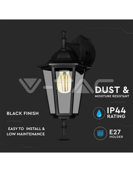V-TAC VT-750 7068 Lanterne murale LED avec douille E27 (Max 60W) douille vers le bas Couleur Noir IP44