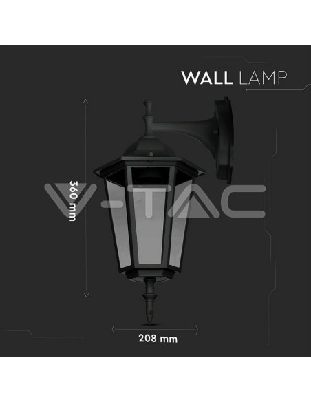 V-TAC VT-750 7068 LED Lantaarn Wandlamp met E27 Lamphouder (Max 60W) Neerwaartse Lamphouder Kleur Zwart IP44