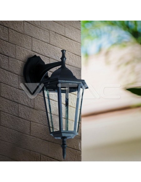 V-TAC VT-750 7068 LED Lantaarn Wandlamp met E27 Lamphouder (Max 60W) Neerwaartse Lamphouder Kleur Zwart IP44