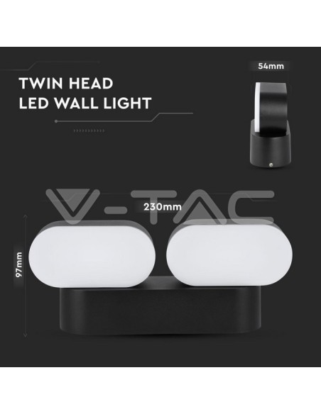 V-TAC VT-814 8293 Ovale LED Wandlamp 12W Zwart met dubbele draaibare kop 3000K IP65