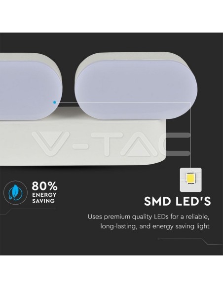V-TAC VT-814 8292 12W Oval LED Wall Lamp Blanc avec double tête rotative 3000K IP65
