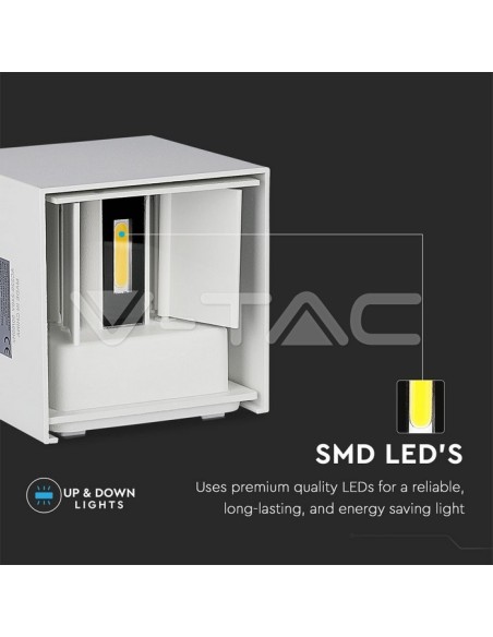 V-TAC VT-759 7088 Lampada LED da Muro Quadrata Doppio LED COB 6W Colore Bianco Satinato Fascio Luminoso Regolabile 4000K IP65