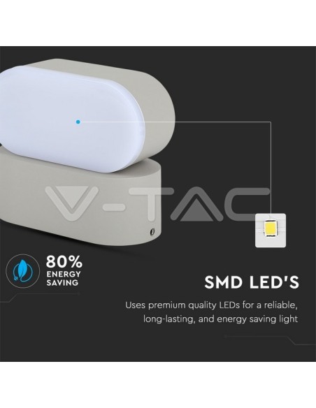 V-TAC VT-816 8291 Oval LED Wall Lamp 6W Grey with Rotatable Head 4000K IP65