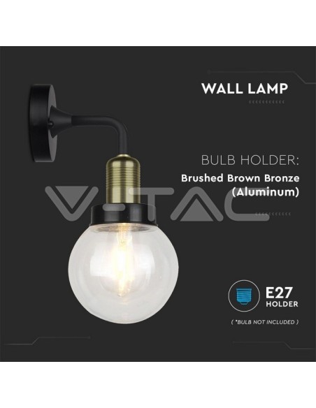 V-TAC VT-720BW 8970 Aplique de cristal LED con portalámparas E27 Negro mate IP65