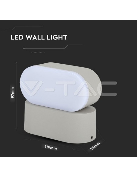V-TAC VT-816 8290 Ovale LED Wandlamp 6W Grijs met Zwenkkop 3000K IP65